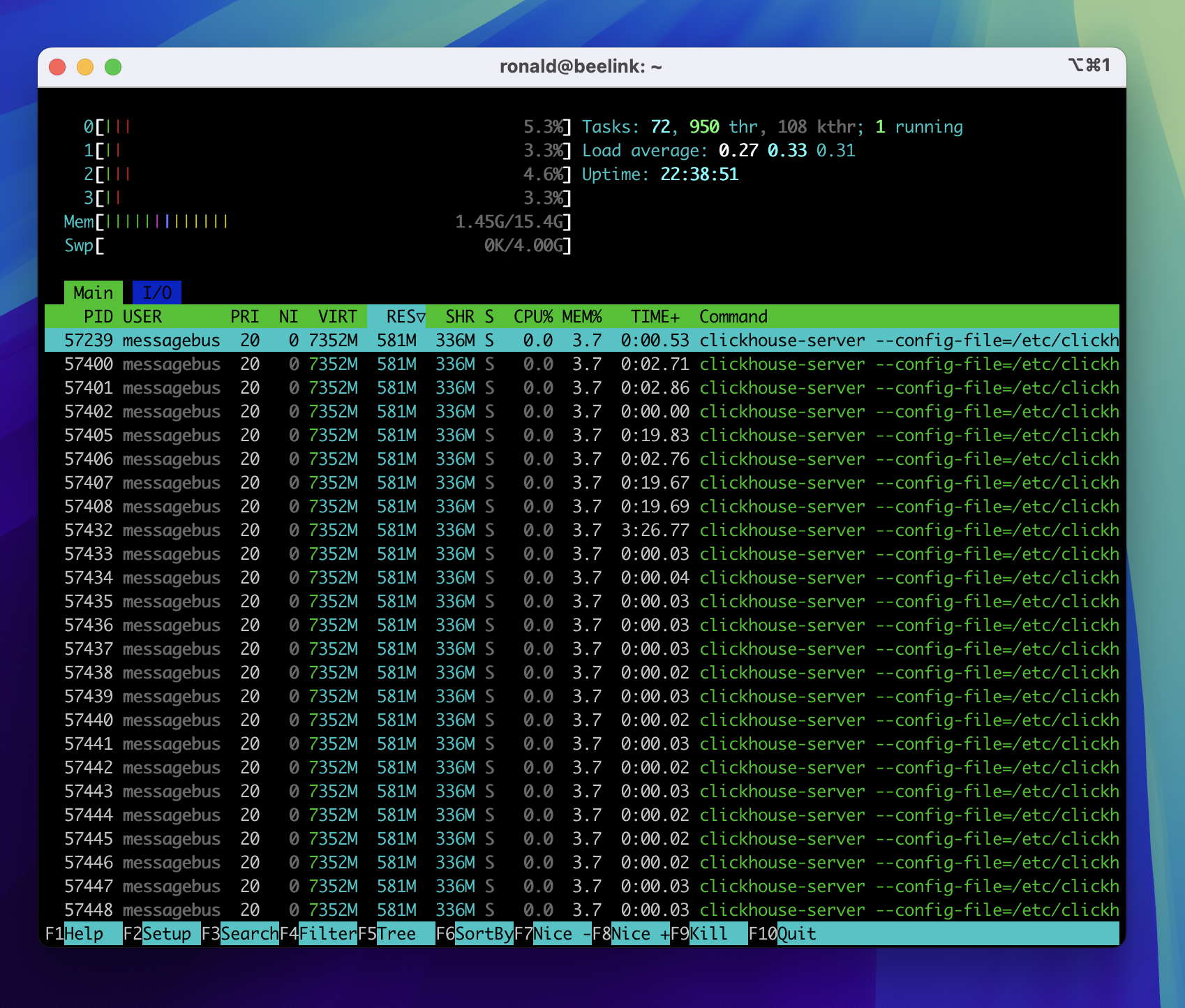 htop screenshot showing server processes