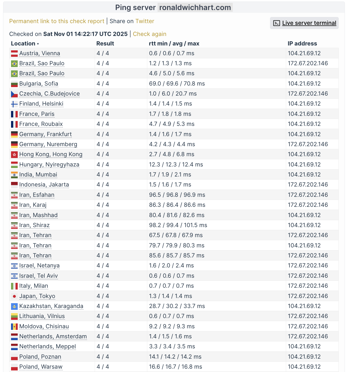 Ping test results for the server